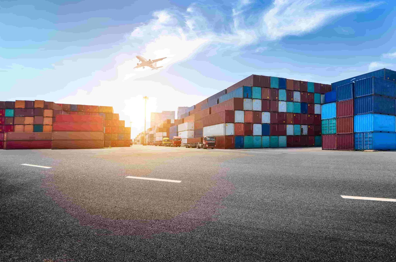 Container yard with trucks